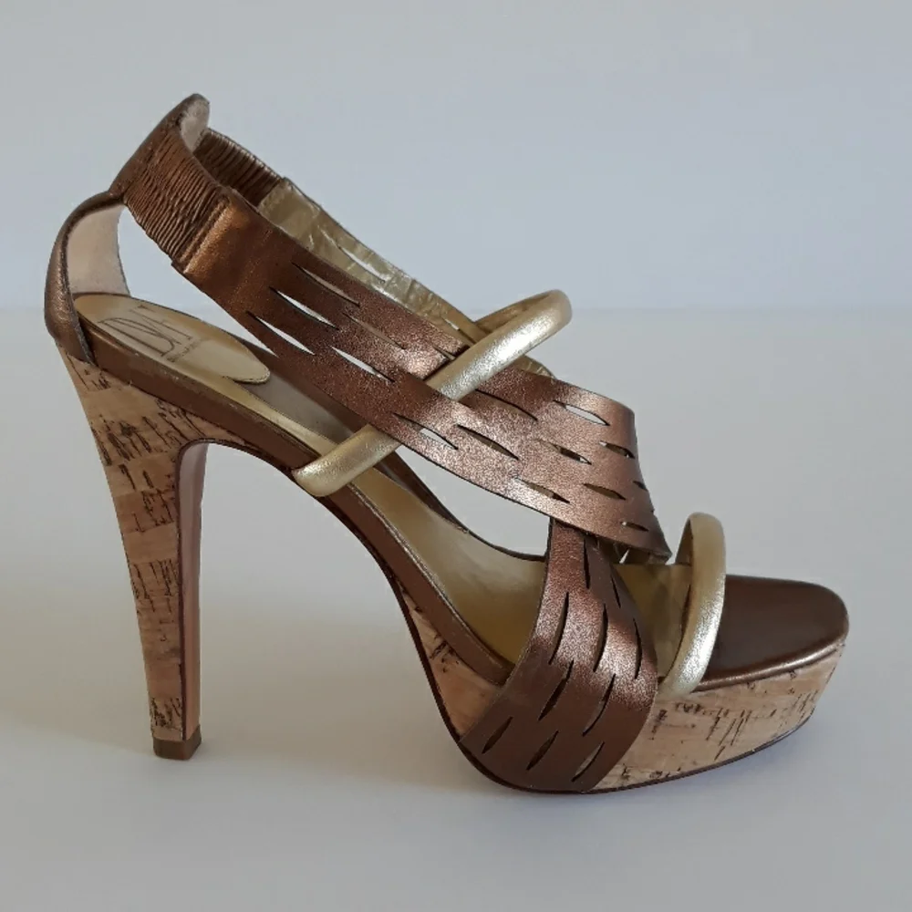 *DVF copper & gold leather slingback cork platform heels 9M Brazil